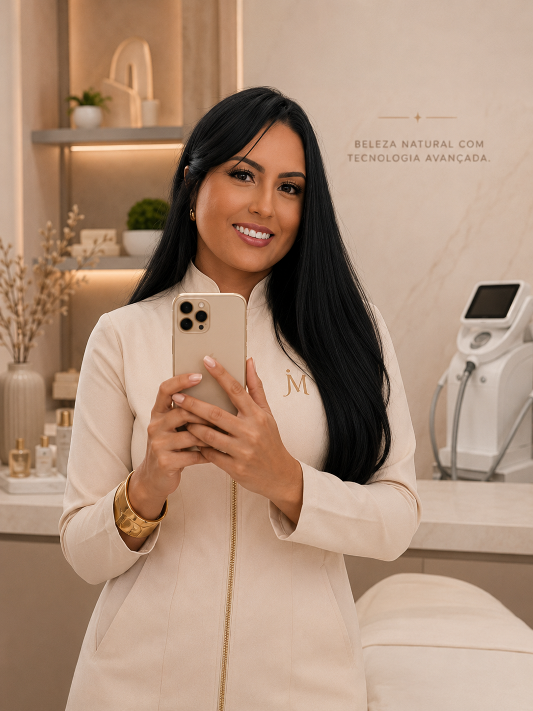 Profissional de estética usando o DuoFlow Clínicas no celular